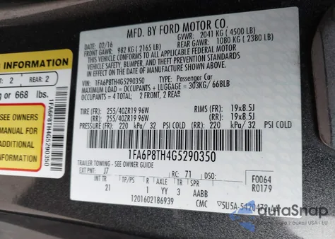 2016 Ford Mustang Ecoboost из США, поврежденный, VIN 1FA6P8TH4G5290350